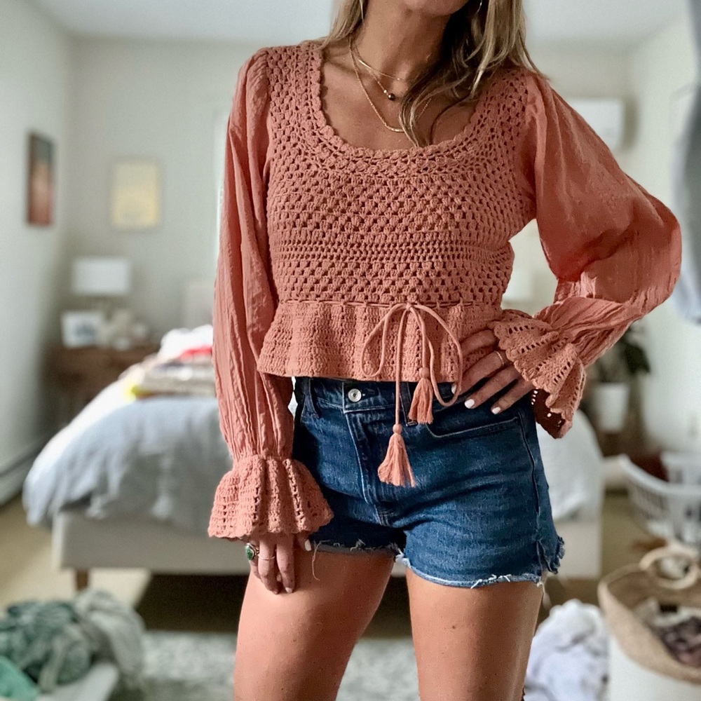 Free People Crochet Long Sleeve Top, size small